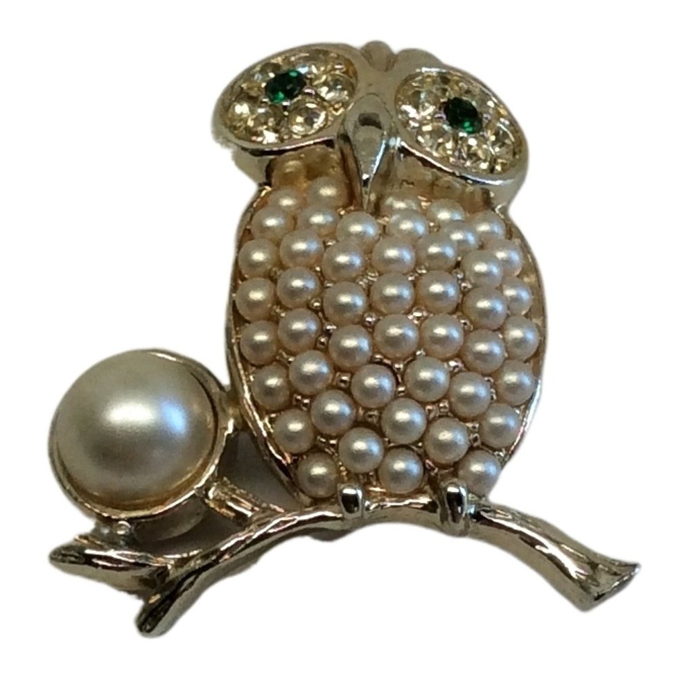 Sarah Coventry Vintage Seed Bead Rhinestone Pearl Costume Owl Brooch Signed